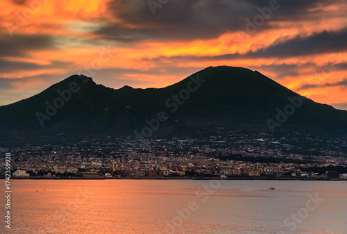 Glimpse of Mount Vesuvius at sunset in southern Italy.