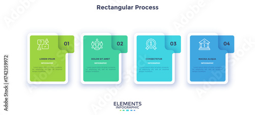Business model with 4 rectangular frames placed in horizontal row. Concept of four features of startup project. Simple infographic design template. Modern flat vector illustration for presentation.