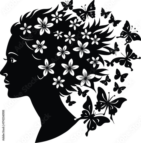 Silhouette of a woman with butterflies and flowers in her hair, celebrating natural beauty and femininity