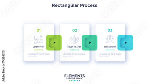 Three square elements placed in horizontal row and connected by arrows. Diagram representing 3 stages of business process. Simple infographic design template. Vector illustration for presentation.