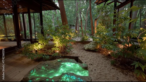 A glowing bioluminescent stream flows through a serene Japanese courtyard, blending nature and futuristic design