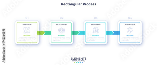 Progress bar with four colorful arrows and paper white square elements placed in horizontal row. Concept of 4 steps to project completion. Simple infographic design template. Vector illustration.