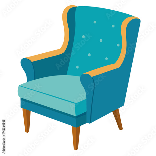 Vector art of elegant blue wingback chair with button tufting, offering a sophisticated seating option for a cozy reading nook