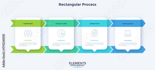 Four separate rectangular speech bubbles or balloons with thin line pictograms and place for text inside. Concept of 4 quotes or phrases. Creative infographic design template. Vector illustration.