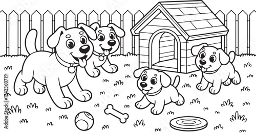 Happy family of cartoon dogs playing together in a yard near their dog house with toys