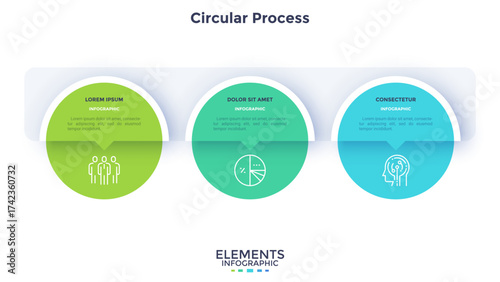Horizontal timeline with 3 round pointer-like elements. Concept of three milestones of company's development history. Abstract infographic design template. Modern vector illustration for presentation.