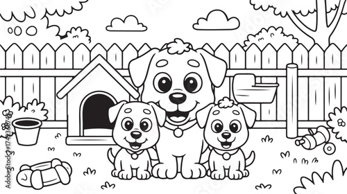 Whimsical cartoon line art illustration of a happy dog family with puppies playing in a backyard with a doghouse and fence