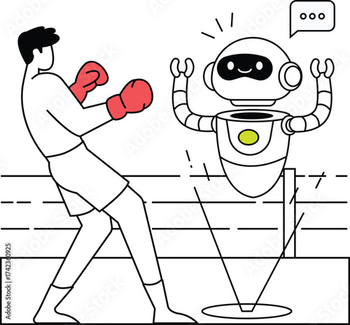 Man and AI Compete in Boxing Match Line Art