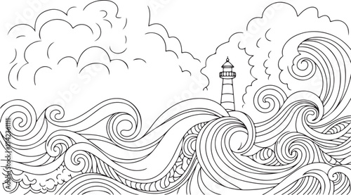 Stylized black and white illustration of a lighthouse standing tall amidst turbulent ocean waves under a dramatic cloudy sky