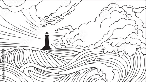 Dramatic black and white illustration of a solitary lighthouse standing tall amidst turbulent ocean waves and stormy skies
