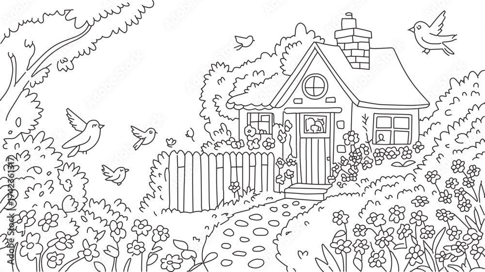 Fototapeta premium Whimsical hand drawn outline of a charming cottage nestled amongst lush trees and blooming flowers