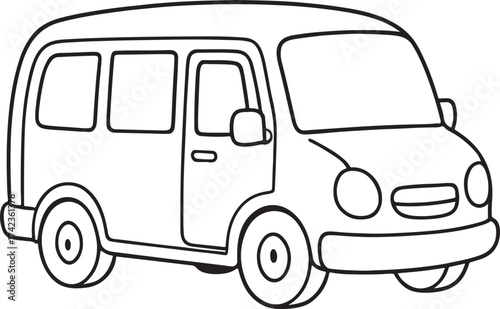 Simple outline drawing of a friendly cartoon van with large windows and round headlights for childrens coloring pages or transportation themes