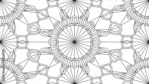 Intricate black and white abstract geometric mandala pattern with radial symmetry and complex line art details