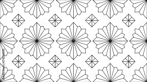 Elegant art deco inspired seamless geometric pattern with repeating floral motifs and diamond shapes in black and white line art