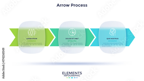 Progress bar with 3 arrows behind translucent circular elements placed in horizontal row. Concept of three steps to business success. Minimal infographic design template. Flat vector illustration.