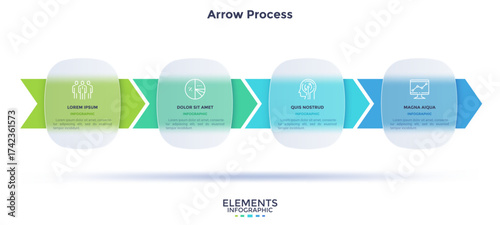 Progress bar with 4 arrows behind translucent circular elements placed in horizontal row. Concept of four steps to business success. Minimal infographic design template. Flat vector illustration.