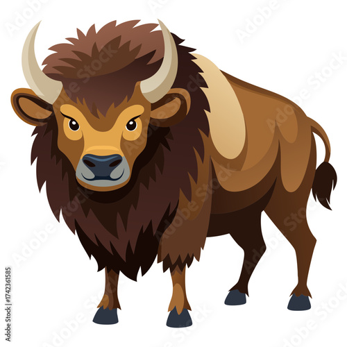 Illustration of a brown bison with a thick coat of fur and large horns, standing tall and looking forward