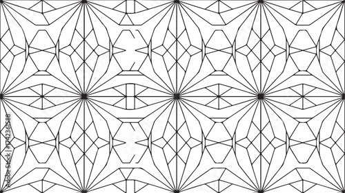 Intricate black and white geometric pattern with repeating starburst and diamond shapes forming a seamless art deco inspired design