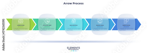 Progress bar with 5 arrows behind translucent circular elements placed in horizontal row. Concept of five steps to business success. Minimal infographic design template. Flat vector illustration.