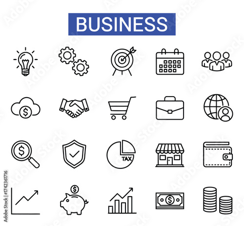 A collection of business related icons including finance and management represented in black outline vector