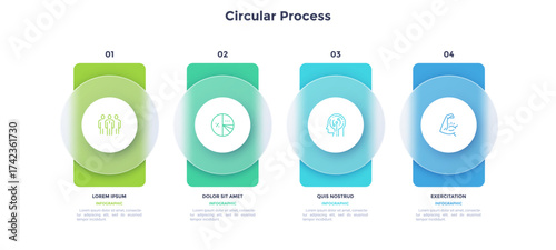 Business model with 4 cards behind translucent circles placed in horizontal row. Concept of four features of startup project. Minimal infographic design template. Modern flat vector illustration.