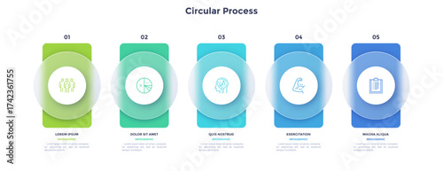 Business model with 5 cards behind translucent circles placed in horizontal row. Concept of five features of startup project. Minimal infographic design template. Modern flat vector illustration.