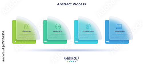 Process chart with 4 rounded elements behind glass elements placed in horizontal row. Concept of transparent business chain. Minimal infographic design template. Modern flat vector illustration.