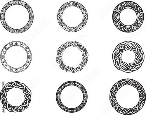 Celtic circle frames. Vintage round border frames with celtic knots, knotted braid ornaments northern Irish motifs. Circular magical patterns vector