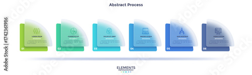 Process chart with 6 rounded elements behind glass elements placed in horizontal row. Concept of transparent business chain. Minimal infographic design template. Modern flat vector illustration.