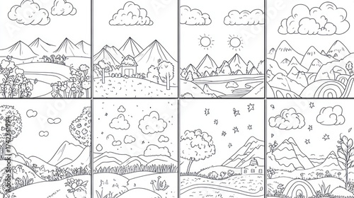 Peaceful mountain landscapes, nature, sky, drawing, coloring pages for kids