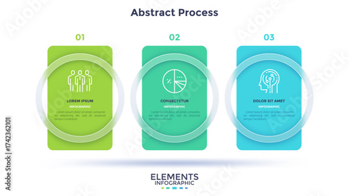 Progress bar with 3 frames behind translucent glass rings placed in horizontal row. Concept of three steps to business success. Minimal infographic design template. Flat vector illustration.