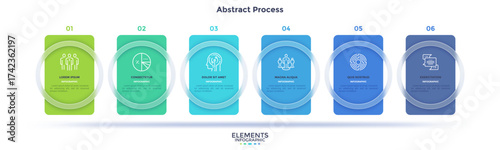 Progress bar with 6 frames behind translucent glass rings placed in horizontal row. Concept of six steps to business success. Minimal infographic design template. Flat vector illustration.