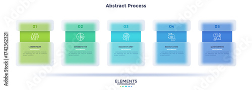 Progress bar with 5 frames behind translucent rectangular elements placed in horizontal row. Concept of five steps to business success. Minimal infographic design template. Flat vector illustration.