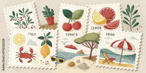 Collection of summer themed postage stamps featuring fruits, beach scenes, and italian culture icons art