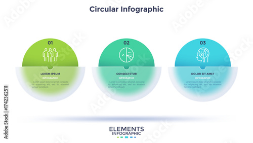 Business model with three colorful circles placed in horizontal row. Concept of 3 stages of startup development. Modern infographic design template. Glassmorphism vector illustration for report.