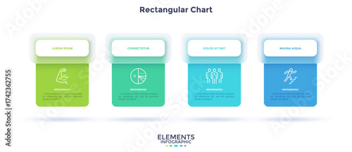 Timeline with 4 cards placed in horizontal row. Concept of four stages of business project development. Minimal infographic design template. Modern flat vector illustration for presentation.