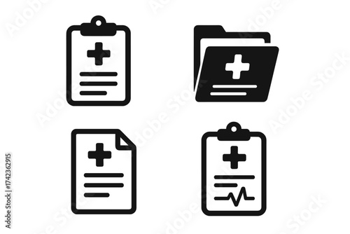 Medical report icon set. Health record, diagnosis result, and patient file symbols. Vector glyph collection for healthcare, clinic, hospital data, and medical history.