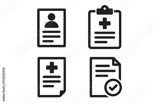 Medical report icon set. Health record and patient file vector symbols. Diagnosis, clinical results, and healthcare history on a clipboard. Approved document with check mark.