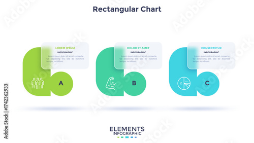 Progress bar with 3 abstract frames behind translucent rectangular elements in horizontal row. Concept of three steps to business success. Minimal infographic design template. Flat vector illustration