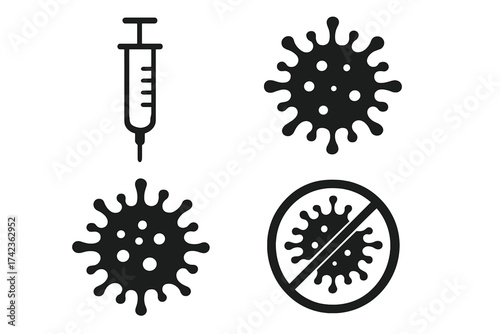 Medical syringe and virus icon set. Vaccination and immunization symbol. Coronavirus, flu, bacteria pathogen icon. Stop virus sign. Healthcare vector illustration concept.