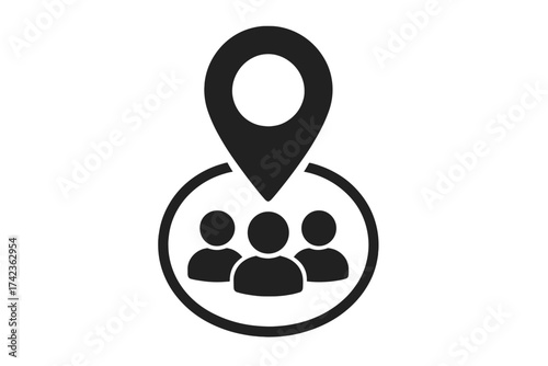 Meeting point location icon. Business branch or team position concept. Target audience or customer group symbol. Community hub and people destination place. Management gps pin.