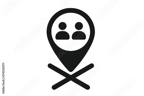 Meeting point cancelled icon. No gathering, assembly point closed. Social distancing symbol. Wrong location, forbidden place. Branch closure, business management concept vector.