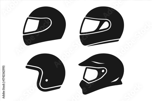 Motorcycle helmet vector icon set. Biker safety equipment silhouette collection. Full face, open face, and motocross helmets for racing and riding. Motorsport head gear.