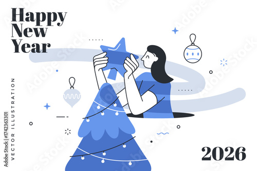 Woman decorating Christmas tree for Happy New Year 2026. Holiday card with winter celebration decor. Flat vector illustration in thin line minimal style.