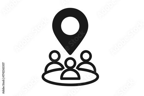Meeting point location icon. Business branch or team gathering place concept. Vector illustration of people group with map pin. Central hub, community destination, management.