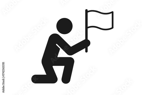 Person kneeling with a white flag icon. Metaphor for surrender, giving up, defeat, and loss. Symbol of failure, losing a challenge, or quitting. Business concept of crisis.