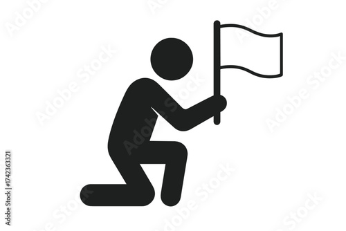 Man kneeling with white flag icon vector. Symbol of surrender, giving up, and defeat. Metaphor for failure, loss, and concession in business or competition. Quit concept.