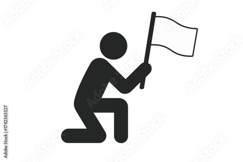 Kneeling person with white flag vector icon. Surrender, give up, and defeat symbol. Metaphor for loss, failure, quitting, and submission. Man holding a flag illustration.