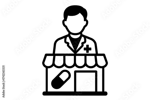 Pharmacist icon vector. Man in lab coat at drugstore. Pharmacy concept symbol. Medical professional at chemist shop counter. Healthcare and medicine illustration. Apothecary sign.