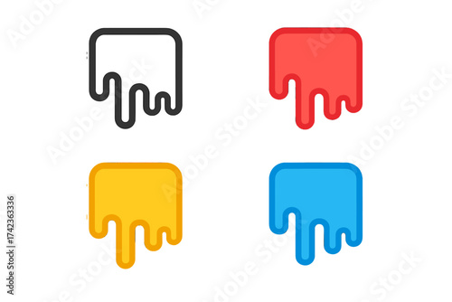 Melting icon set vector illustration. Dripping liquid, paint drop, syrup flow symbol collection. Chocolate melt, abstract slime splash graphic element. Colorful modern design.